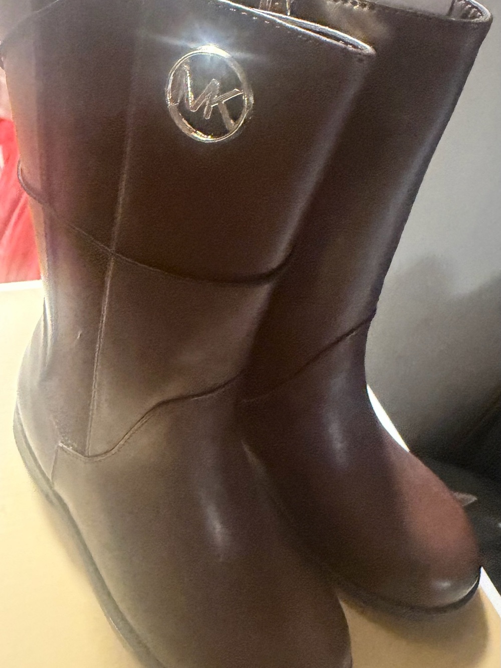 Michael Kors Emma Rubie Dark Brown Leather Mid-Calf Boots with Gold Logo